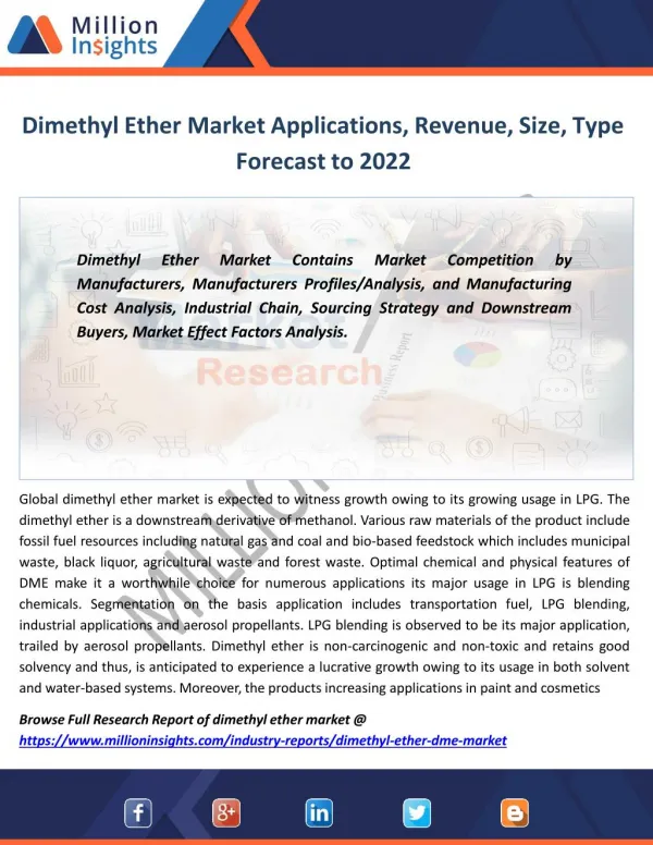 Dimethyl Ether Market Industry Revenue Analysis, Size, Share to 2022