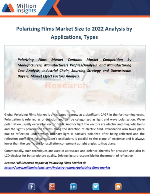 Polarizing Films Market by Applications, Region, Type, Revenue,Sales Analysis By 2022