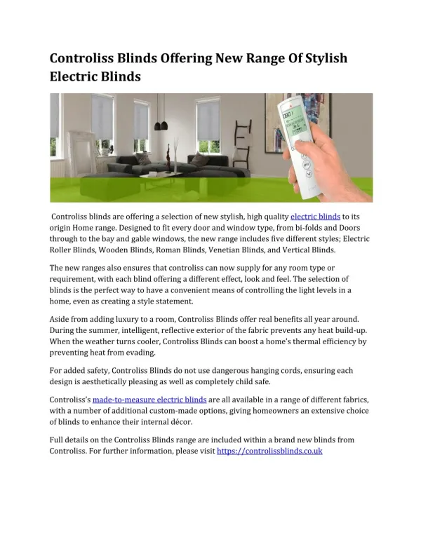 Controliss Blinds Offering New Range Of Stylish Electric Blinds