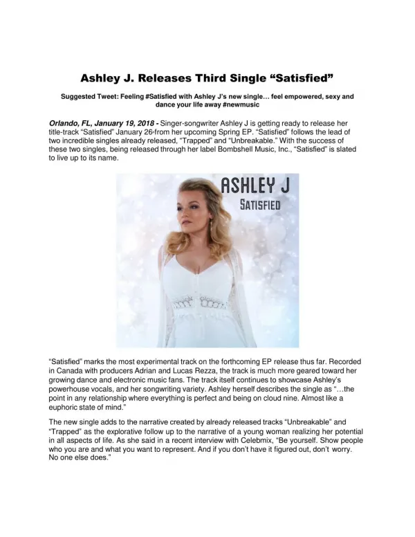 Ashley J. Releases Third Single “Satisfied”