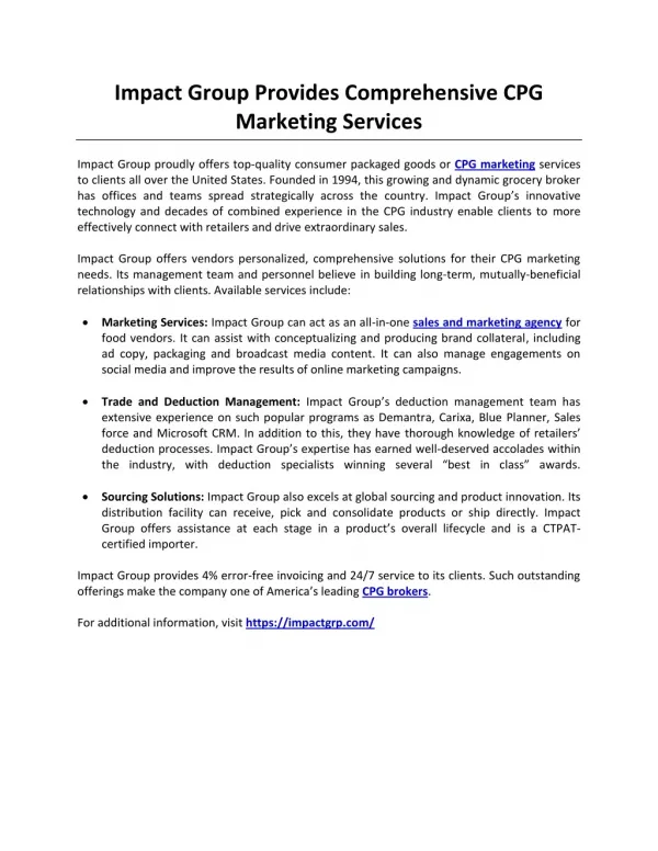Impact Group Provides Comprehensive CPG Marketing Services