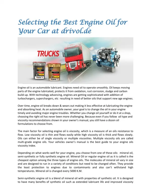 Drivol-Tips to choose best engine oil
