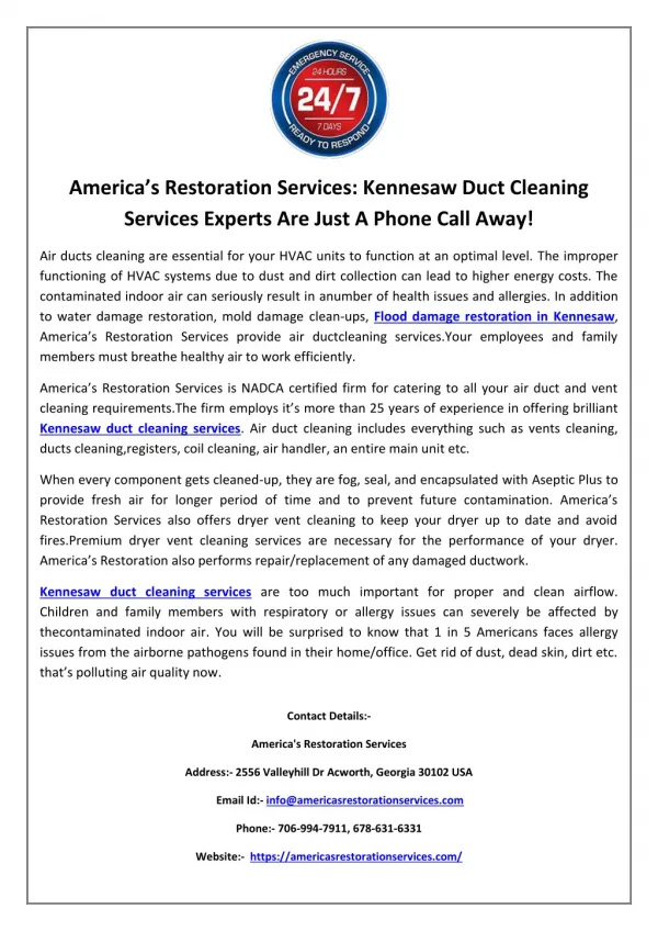 Americaâ€™s Restoration Services: Kennesaw Duct Cleaning Services Experts Are Just A Phone Call Away!