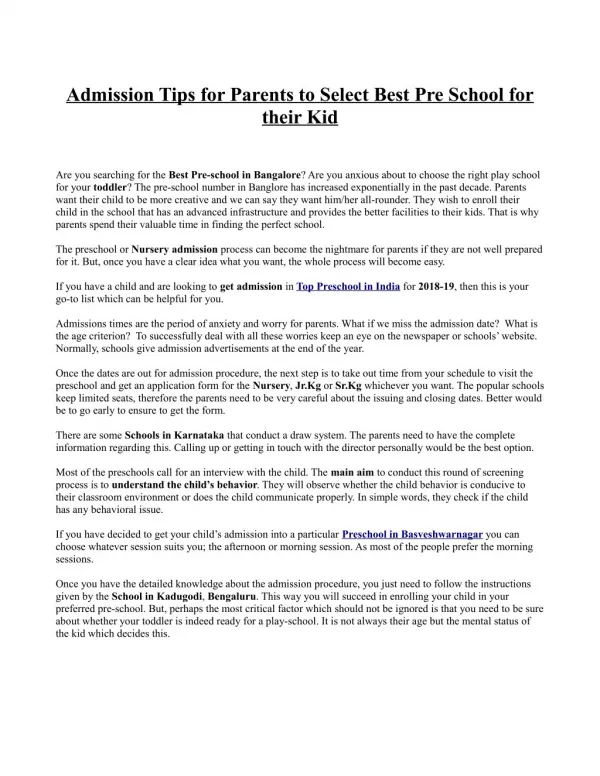 Admission Tips for Parents to Select Best Pre School for their Kid