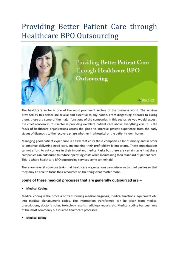 Providing Better Patient Care through Healthcare BPO Outsourcing