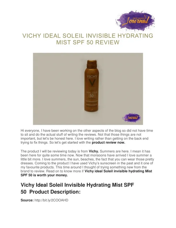 Vichy Ideal Soleil Invisible Hydrating Mist SPF 50 Review| Video Review