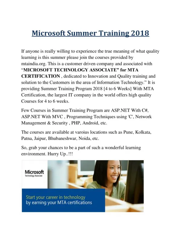 Microsoft Summer Training 2018 - MTA-INDIA
