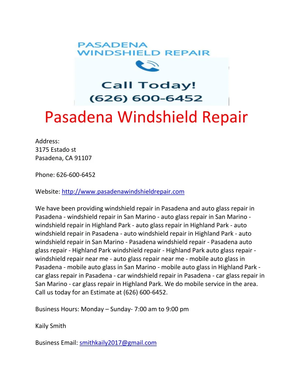 pasadena windshield repair address 3175 estado