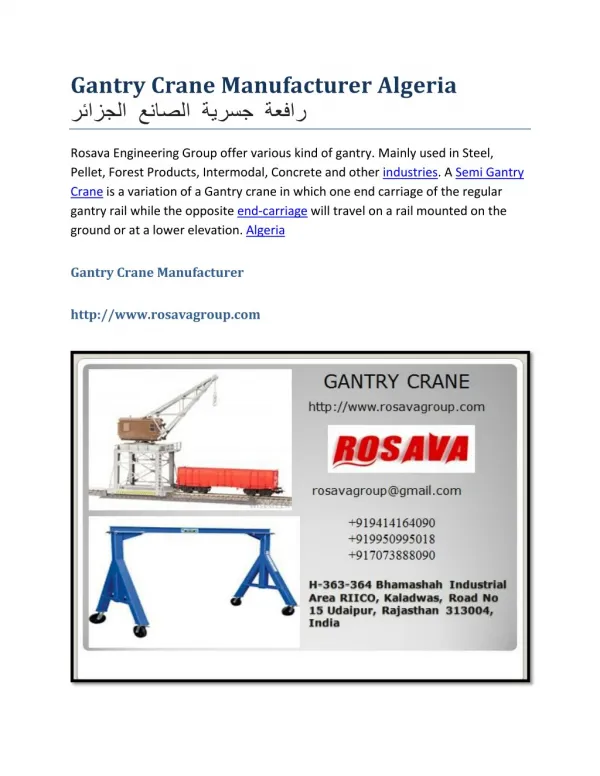 Gantry crane manufacturer algeria