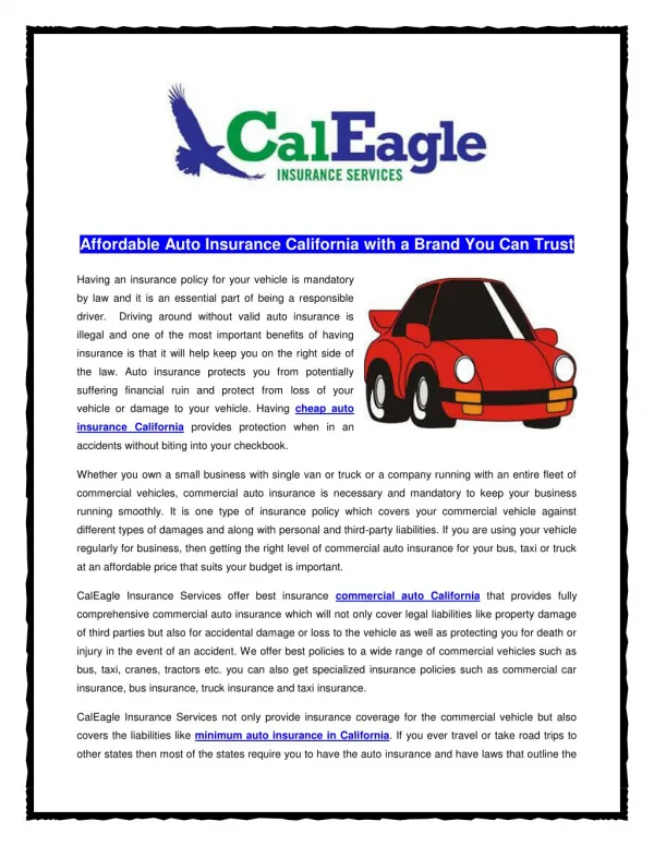 Affordable Auto Insurance California with a Brand You Can Trust