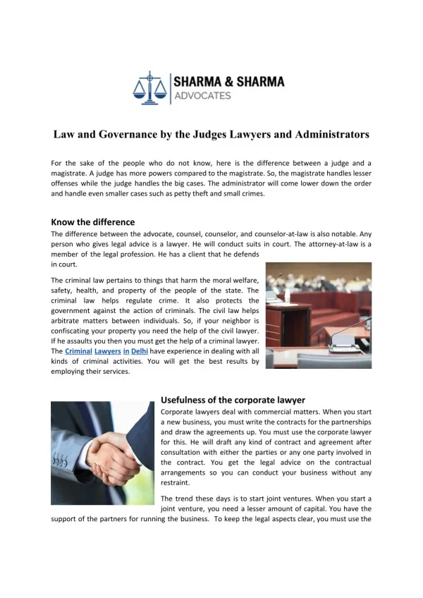 Law and Governance by the Judges Lawyers and Administrators
