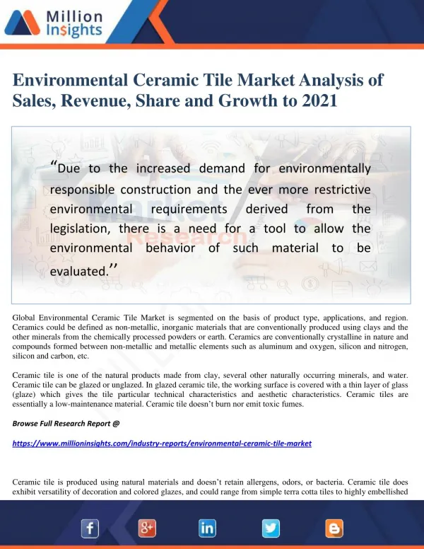 Environmental Ceramic Tile Market Analysis of Sales, Revenue, Share and Growth to 2021