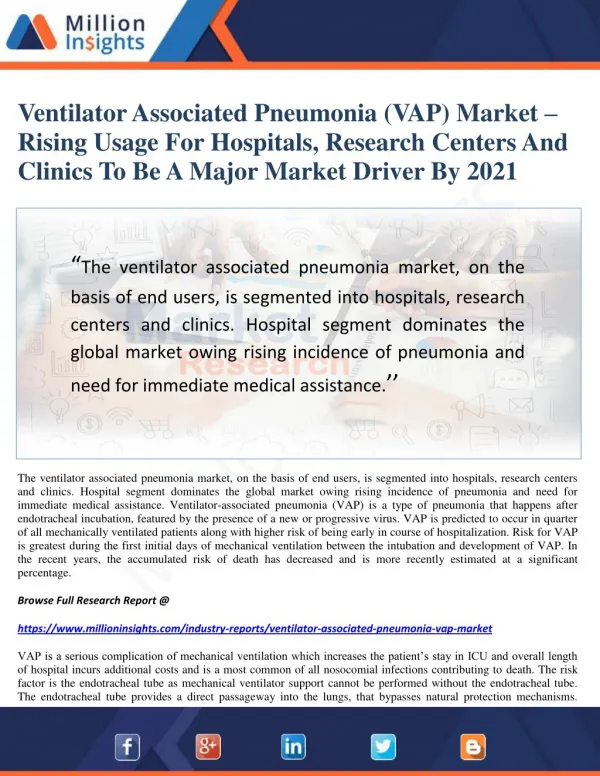 Ventilator Associated Pneumonia (VAP) Market – Rising Usage For Hospitals, Research Centers And Clinics To Be A Major