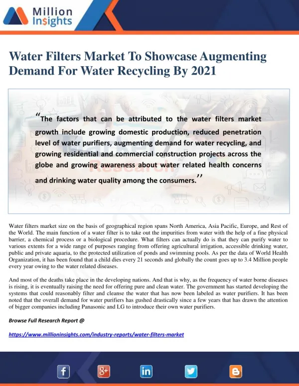 Water Filters Market To Showcase Augmenting Demand For Water Recycling By 2021