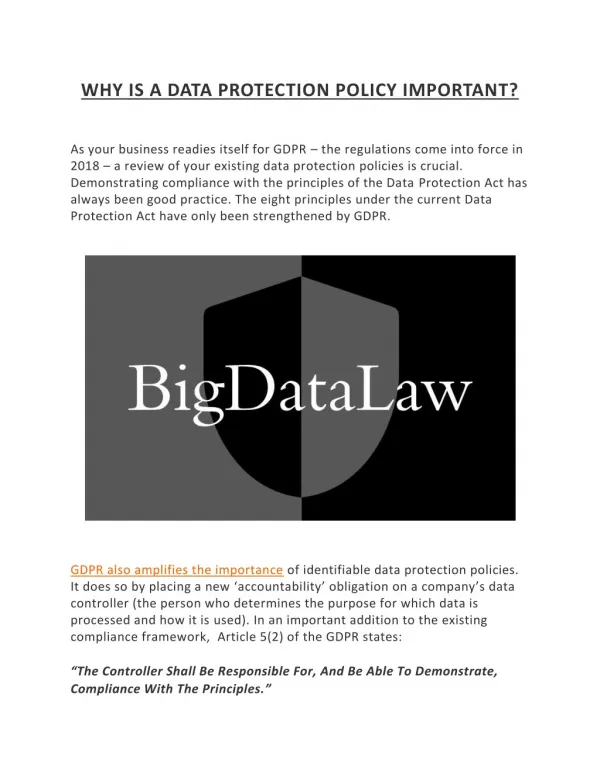 WHY IS A DATA PROTECTION POLICY IMPORTANT?
