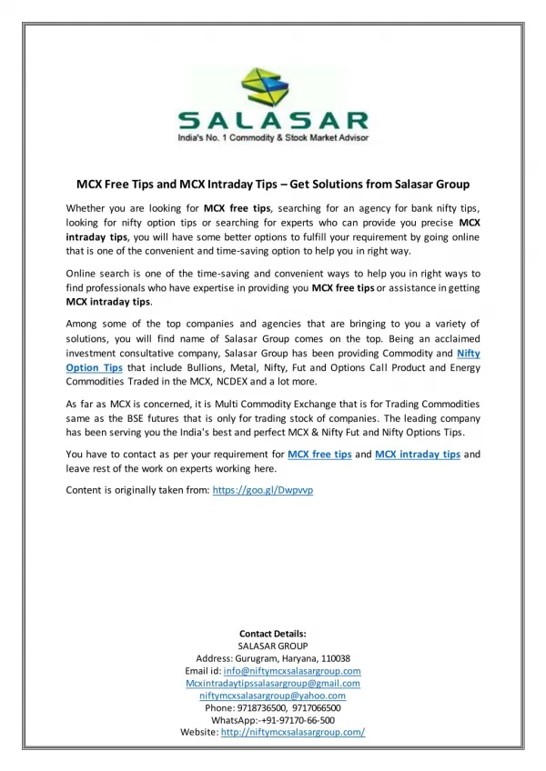 MCX Free Tips and MCX Intraday Tips – Get Solutions from Salasar Group