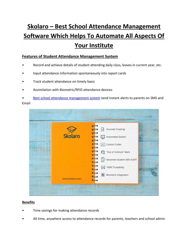 Skolaro â€“ Best School Attendance Management Software Which Helps To Automate All Aspects of Your Institute