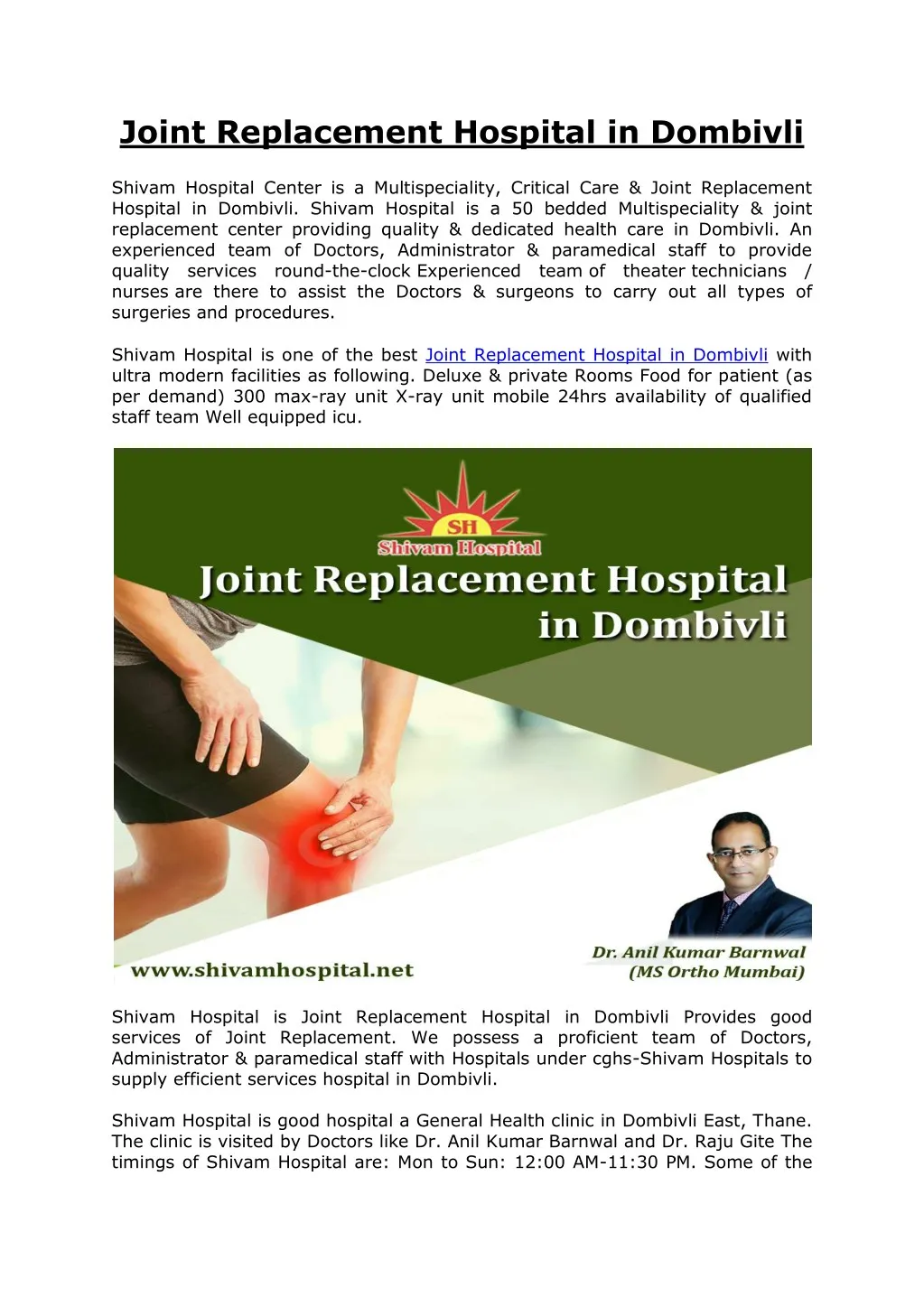 joint replacement hospital in dombivli