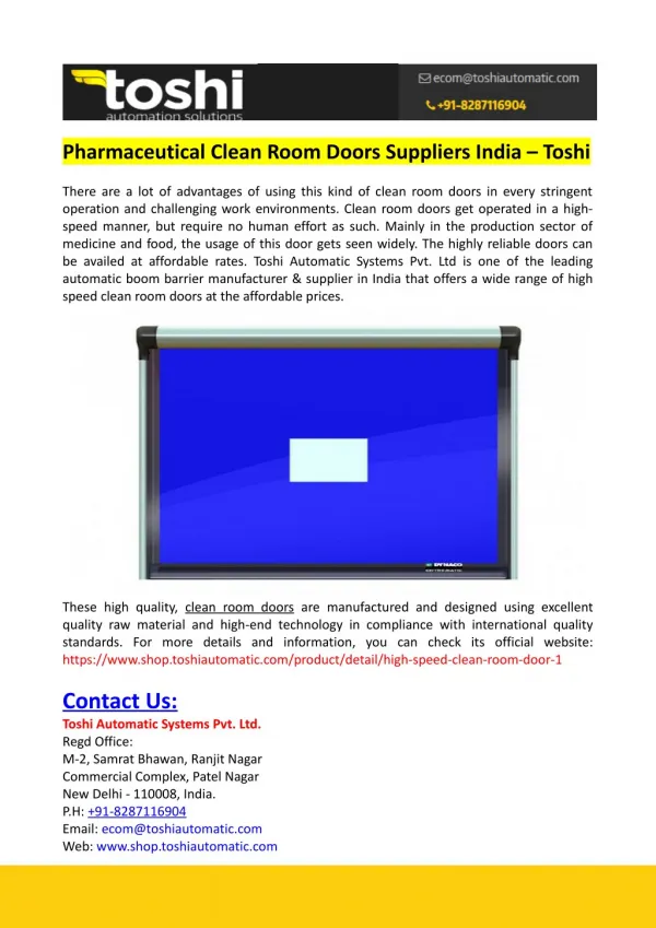 Pharmaceutical Clean Room Doors Suppliers India â€“ Toshi