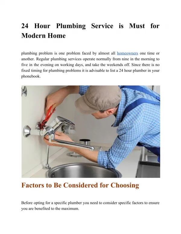 24 Hour Plumbing Service is Must for Modern Home