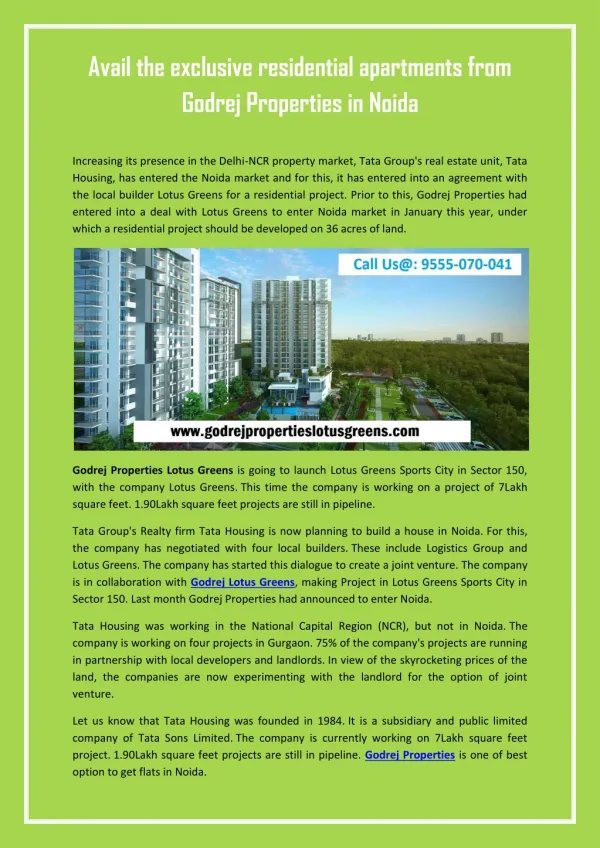 Avail the exclusive residential apartments from Godrej Properties in Noida