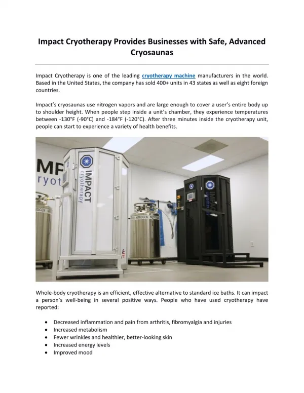 Impact Cryotherapy Provides Businesses with Safe, Advanced Cryosaunas