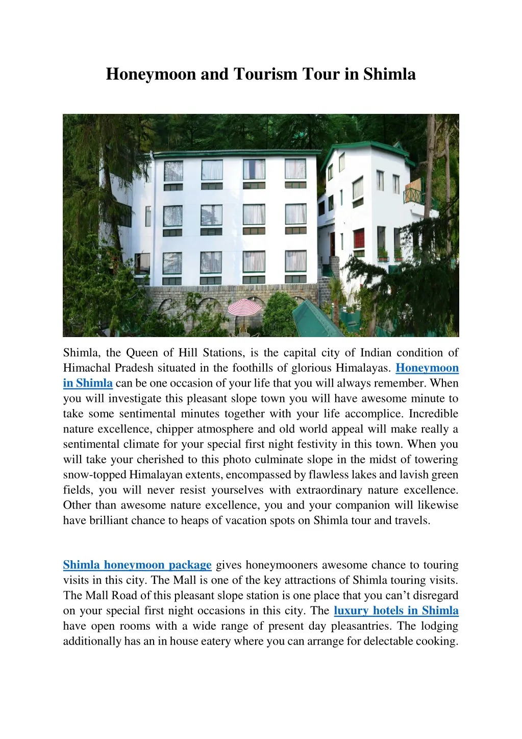 honeymoon and tourism tour in shimla
