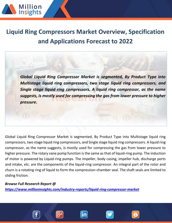 Liquid Ring Compressors Market Overview, Specification and Applications Forecast to 2022