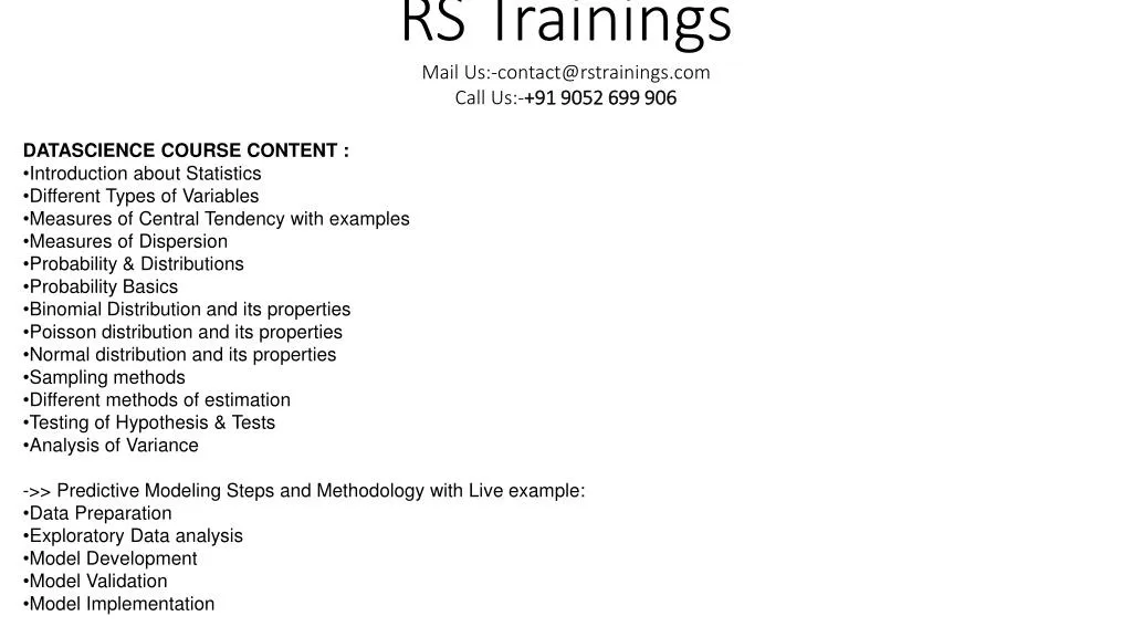 rs trainings mail us contact@rstrainings com call us 91 9052 699 906