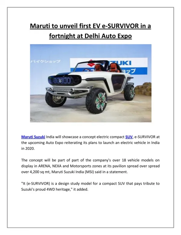 Maruti to unveil first EV e-SURVIVOR in a fortnight at Delhi Auto Expo | Business Standard News