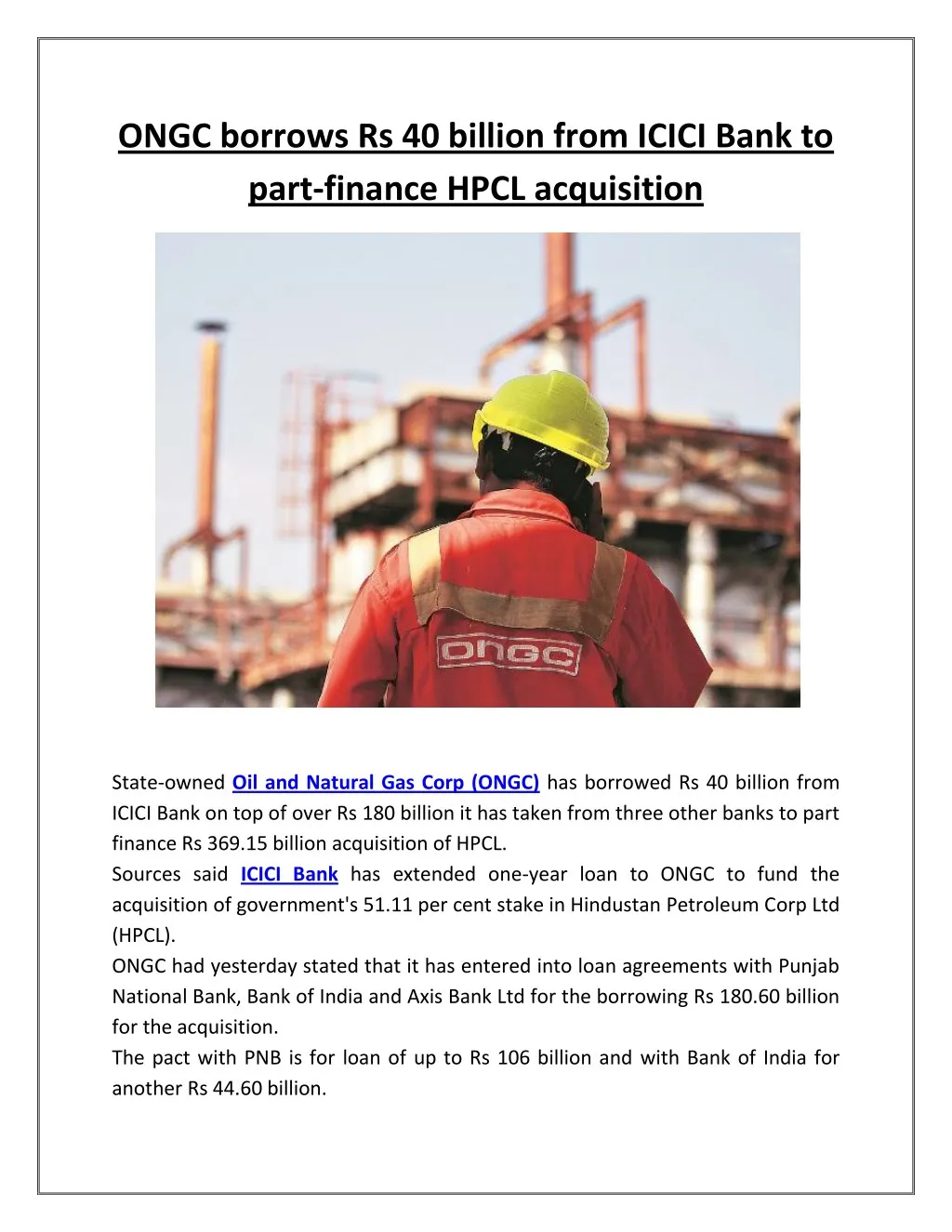 ongc borrows rs 40 billion from icici bank