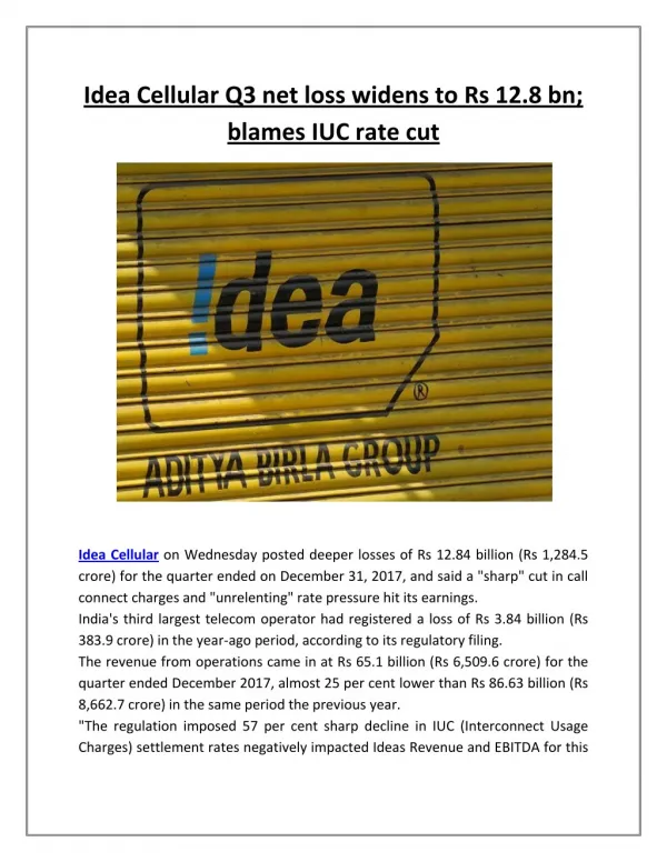 Idea Cellular Q3 net loss widens to Rs 12.8 bn; blames IUC rate cut