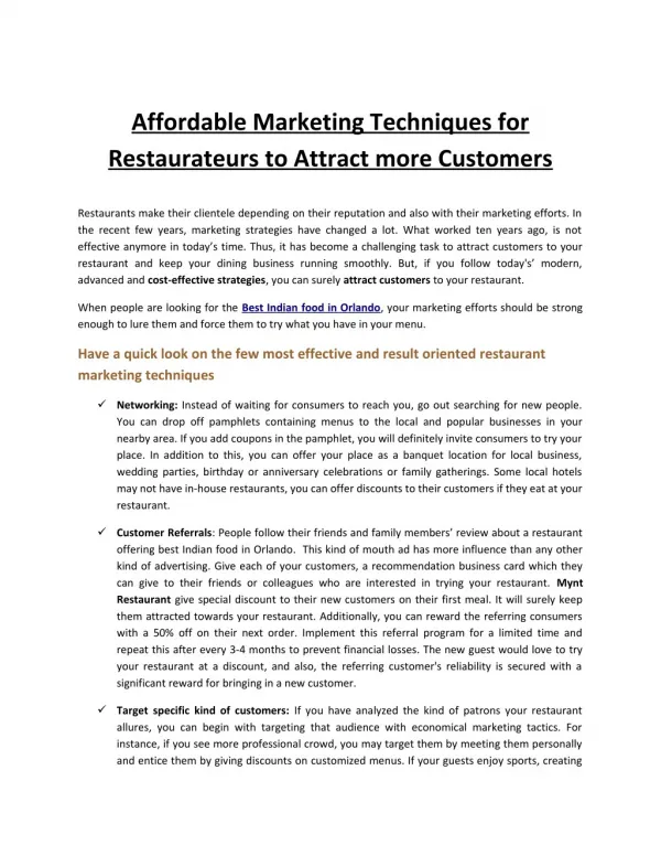 Affordable Marketing Techniques for Restaurateurs to Attract more Customers