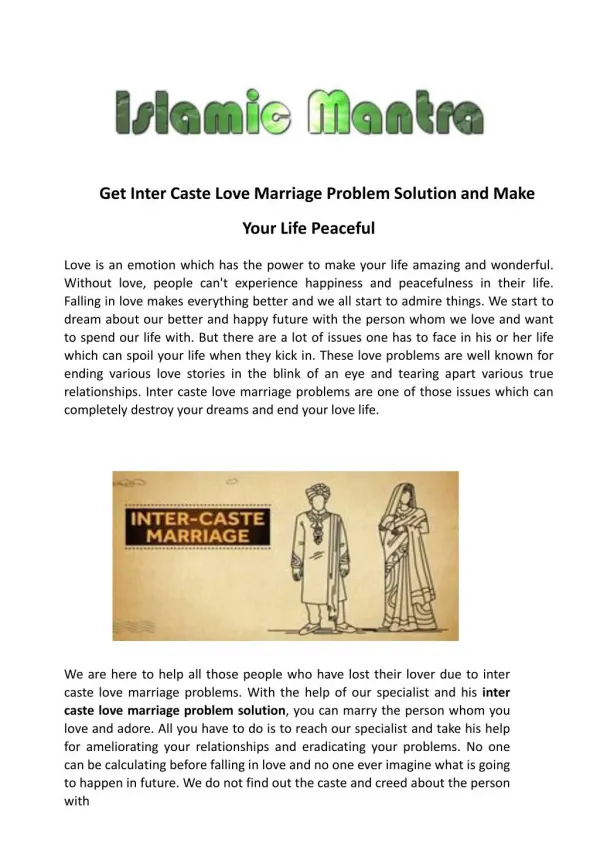 Inter Caste Love Marriage Problems Solution