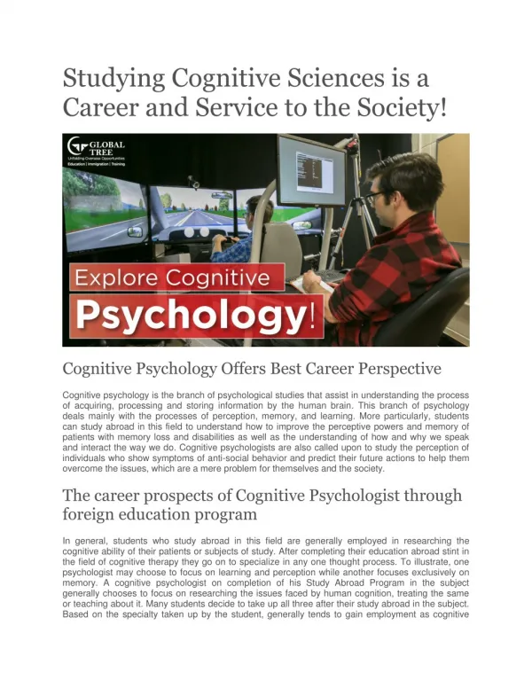 Studying Cognitive Sciences is a Career and Service to the Society!