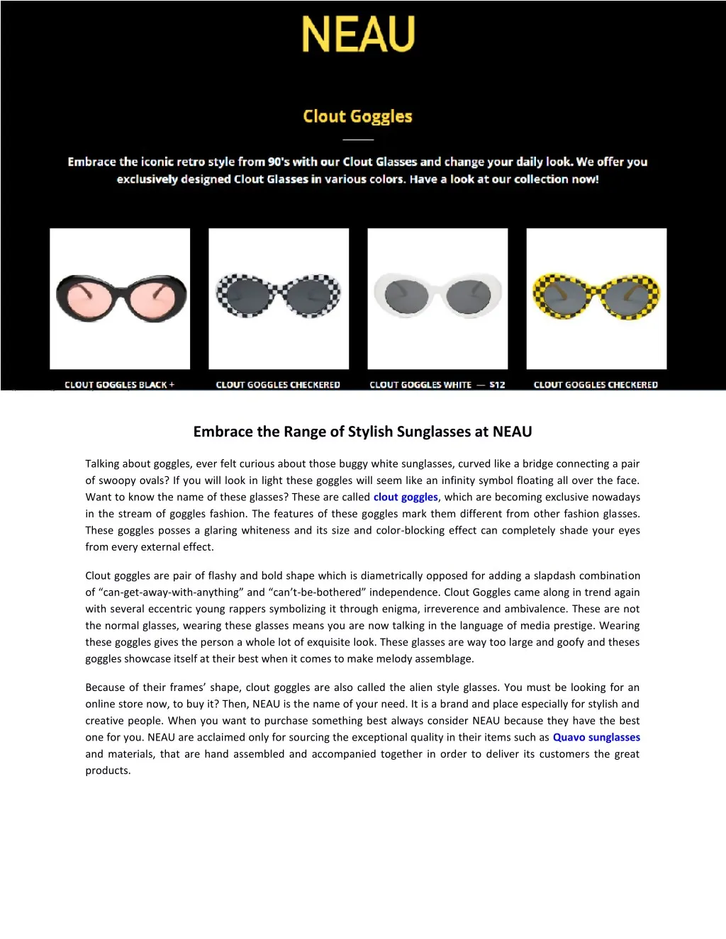 embrace the range of stylish sunglasses at neau