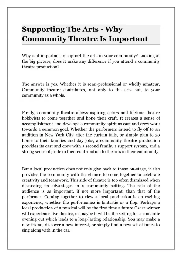 Supporting The Arts - Why Community Theatre Is Important