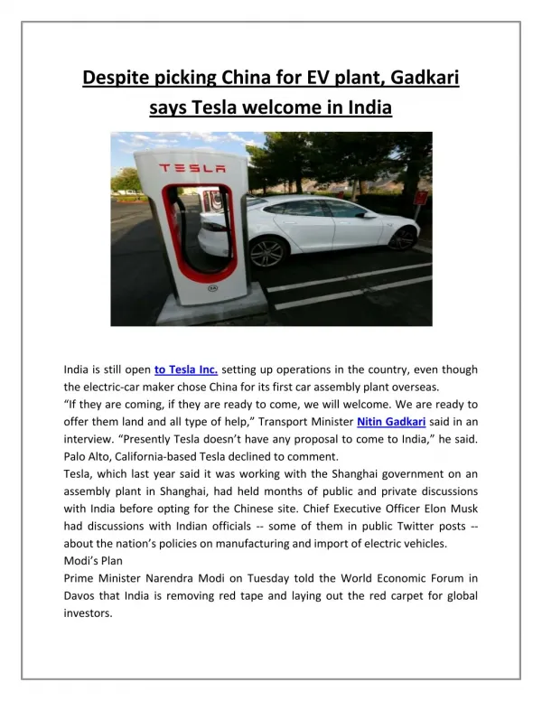 Despite picking China for EV plant, Gadkari says Tesla welcome in India | Business Standard News