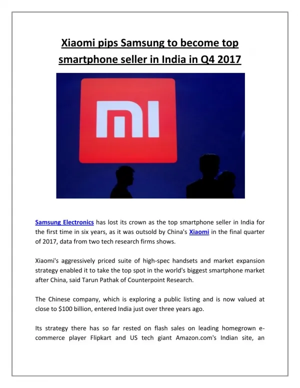 Xiaomi Pips Samsung to Become Top Smartphone Seller in India in Q4 2017