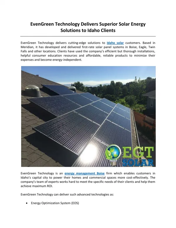 EvenGreen Technology Delivers Superior Solar Energy Solutions to Idaho Clients