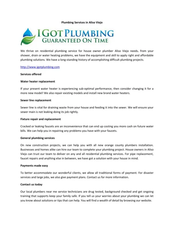 Plumbing Services in aliso Viejo