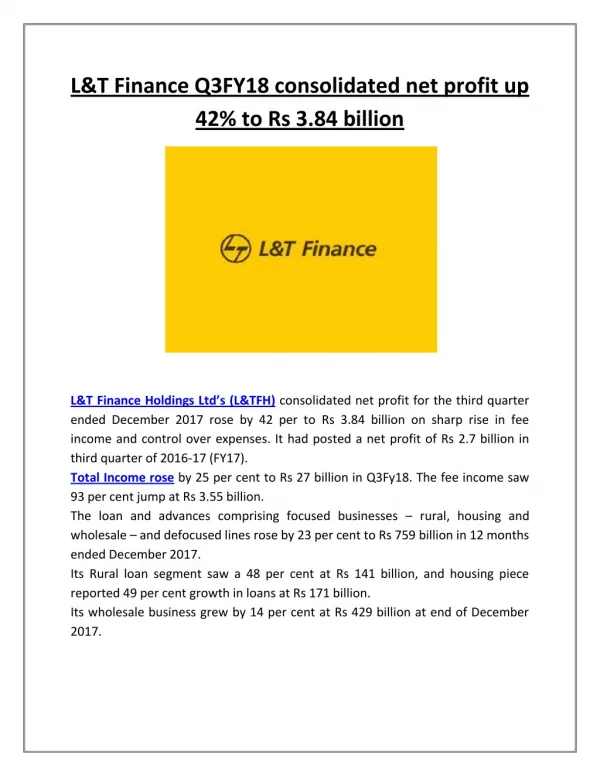 L&T Finance Q3FY18 consolidated net profit up 42% to Rs 3.84 billion | Business Standard News