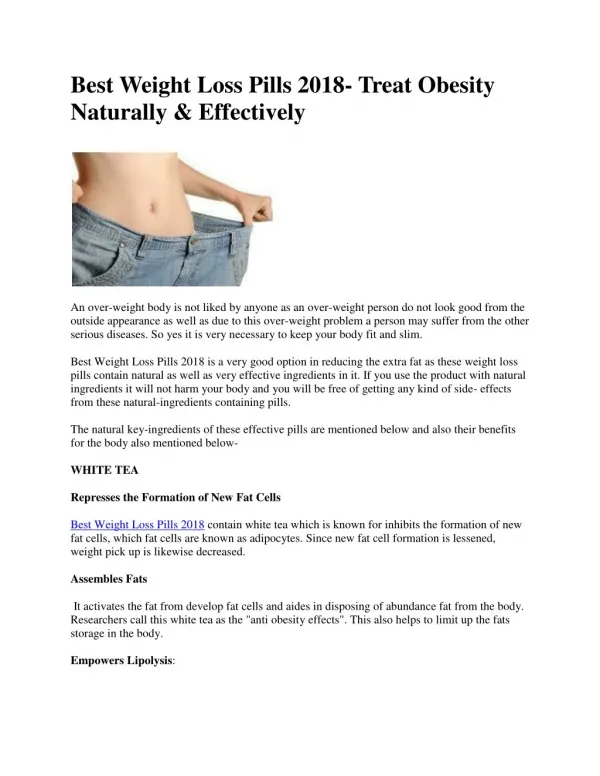 Best Weight Loss Pills 2018- Treat Obesity Naturally & Effectively