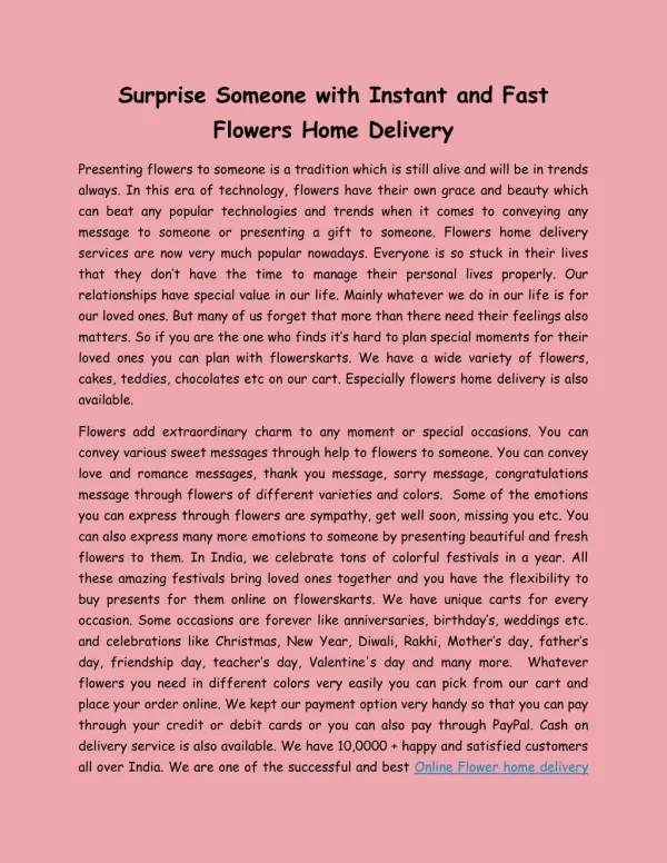 Surprise Someone with Instant and Fast Flowers Home Delivery