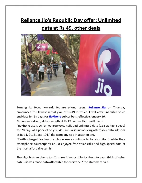 Reliance Jio's Republic Day offer: Unlimited data at Rs 49, other deals | Business Standard News