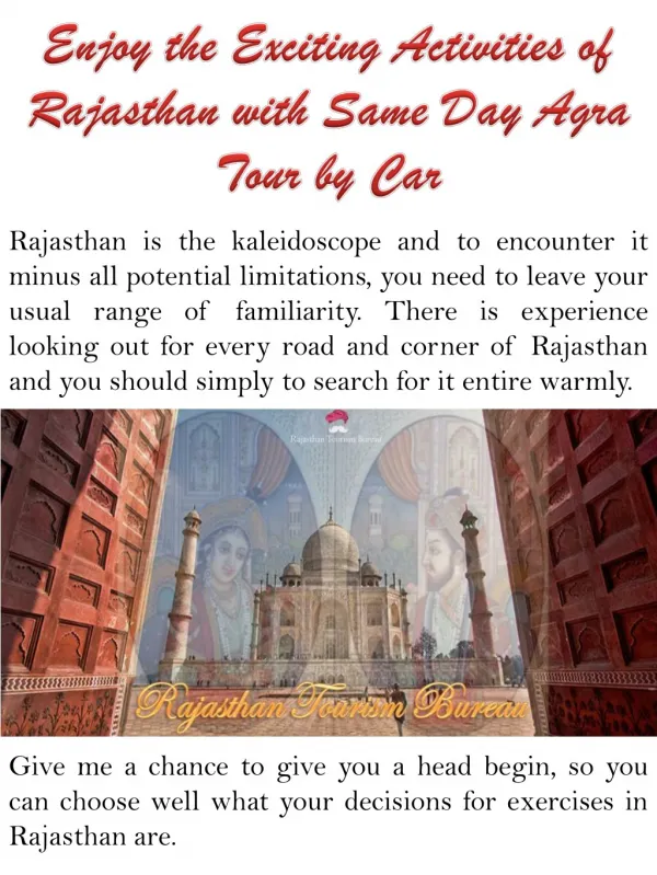 Enjoy the Exciting Activities of Rajasthan with Same Day Agra Tour by Car