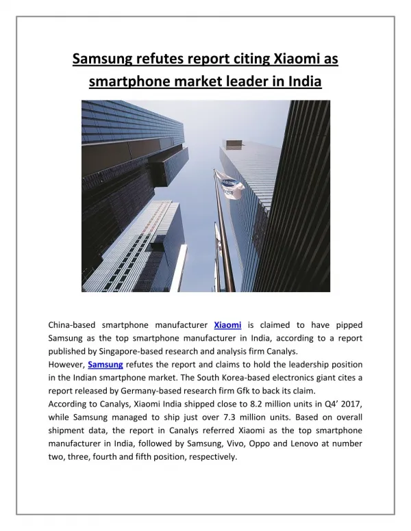 Samsung Refutes Report Citing Xiaomi as Smartphone Market Leader in India