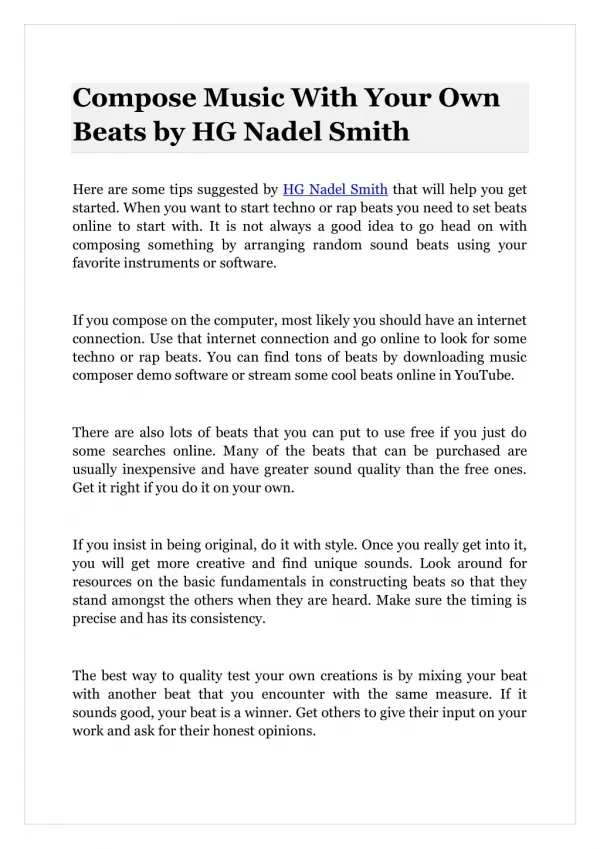 Compose Music With Your Own Beats by HG Nadel Smith