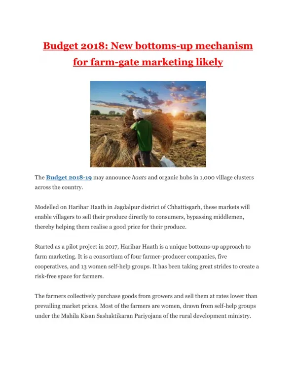 Budget 2018: New bottoms-up mechanism for farm-gate marketing likely