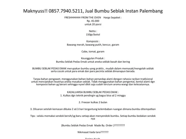 Maknyuss!! 0857.7940.5211, Jual Bumbu Seblak Instan Palembang
